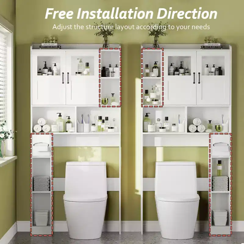 Meuble de rangement pour toilettes – Organisateur de salle de bain de style ferme de 171 cm de haut avec étagère réglable et porte en verre pour salle de bain, buanderie