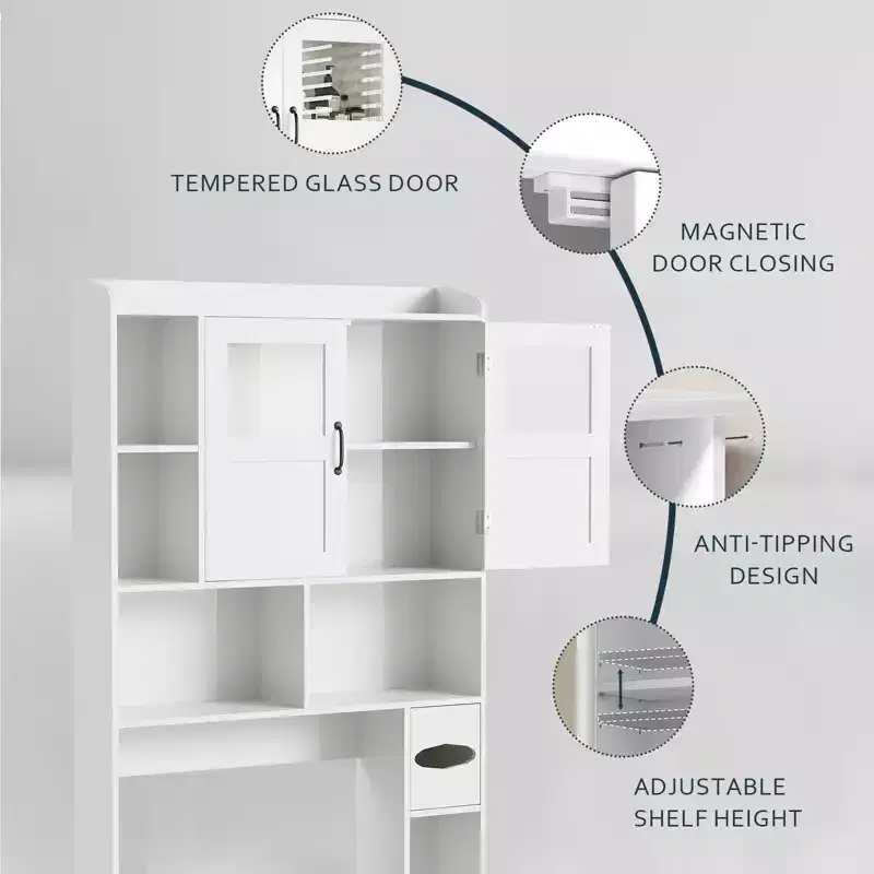 Meuble de rangement pour toilettes – Organisateur de salle de bain de style ferme de 171 cm de haut avec étagère réglable et porte en verre pour salle de bain, buanderie