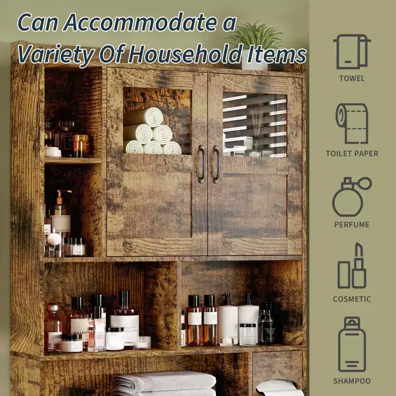 Meuble de rangement pour toilettes – Organisateur de salle de bain de style ferme de 171 cm de haut avec étagère réglable et porte en verre pour salle de bain, buanderie