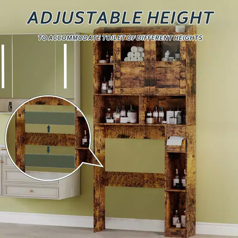 Meuble de rangement pour toilettes – Organisateur de salle de bain de style ferme de 171 cm de haut avec étagère réglable et porte en verre pour salle de bain, buanderie
