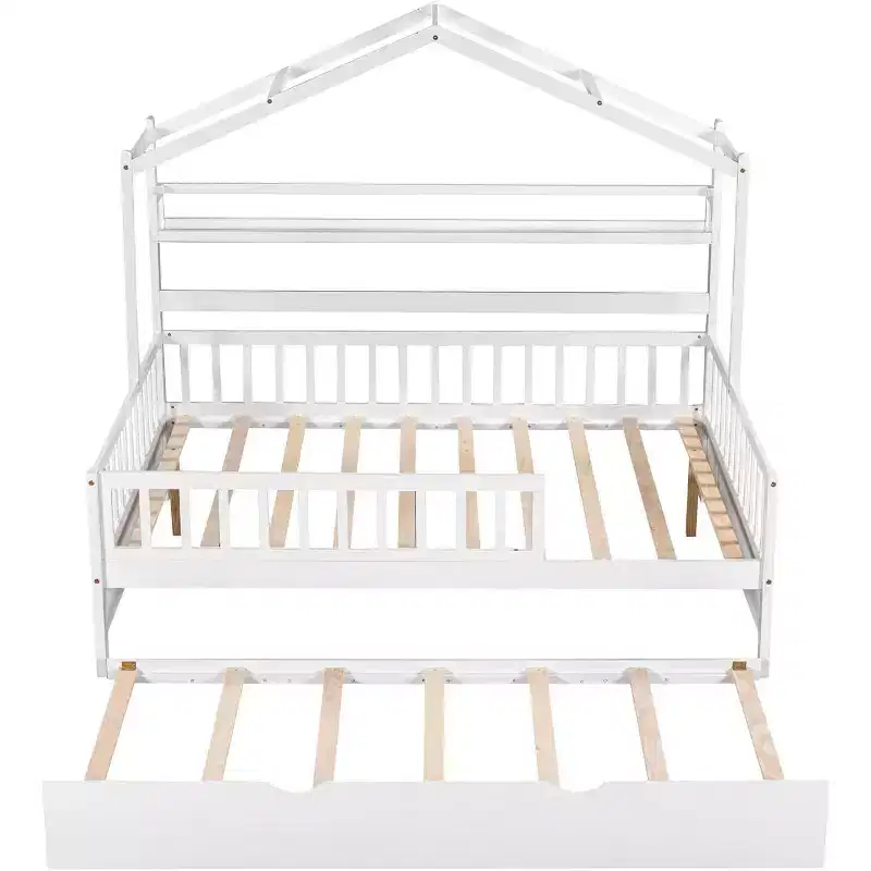 Acekool Lit cabane grandeur nature avec lit gigogne double, tiroirs de rangement et étagères, toit et clôture, lit plateforme pour enfants, blanc