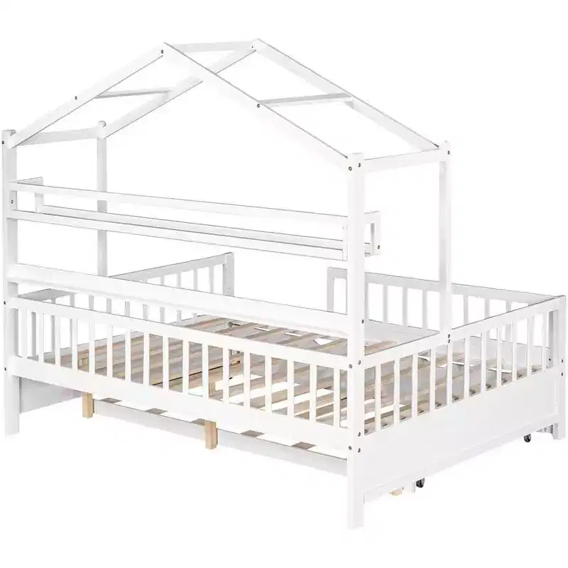 Acekool Lit cabane grandeur nature avec lit gigogne double, tiroirs de rangement et étagères, toit et clôture, lit plateforme pour enfants, blanc