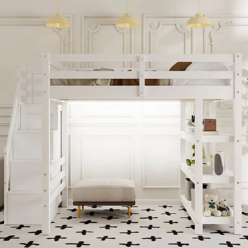 Lit mezzanine simple/double avec escalier de rangement - Étagères, armoire et lumière LED, design peu encombrant