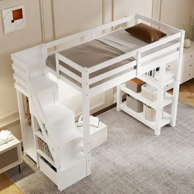 Lit mezzanine simple/double avec escalier de rangement - Étagères, armoire et lumière LED, design peu encombrant