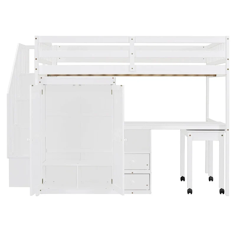 Lit mezzanine double avec escalier, bibliothèque, bureau et armoire – Meuble multifonctionnel et peu encombrant pour enfants et adolescents – Blanc
