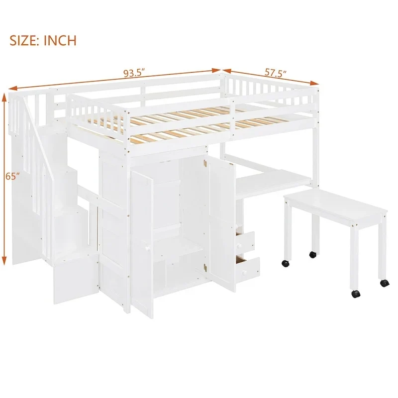 Lit mezzanine double avec escalier, bibliothèque, bureau et armoire – Meuble multifonctionnel et peu encombrant pour enfants et adolescents – Blanc