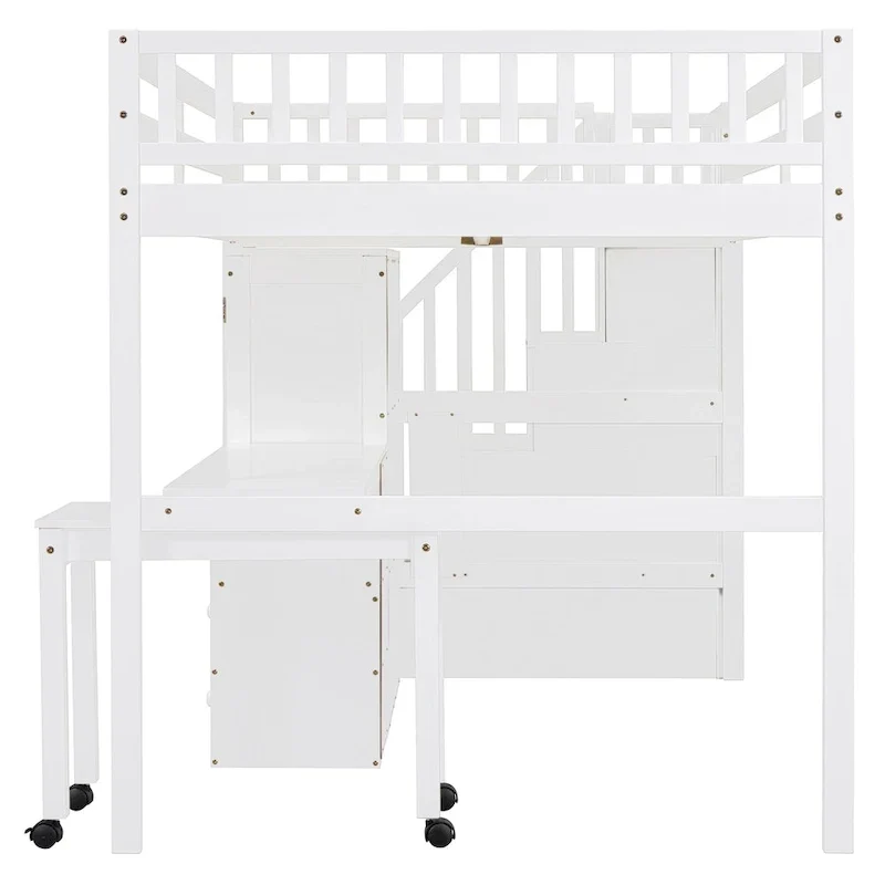 Lit mezzanine double avec escalier, bibliothèque, bureau et armoire – Meuble multifonctionnel et peu encombrant pour enfants et adolescents – Blanc