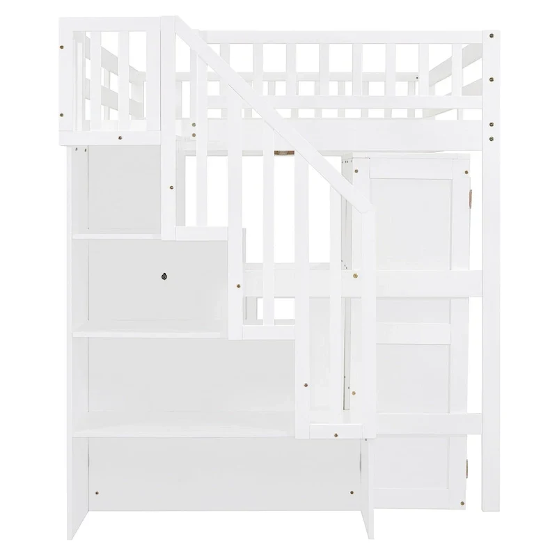 Lit mezzanine double avec escalier, bibliothèque, bureau et armoire – Meuble multifonctionnel et peu encombrant pour enfants et adolescents – Blanc