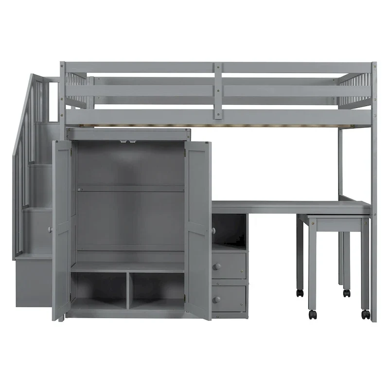 Lit mezzanine double avec escalier, bibliothèque, bureau et armoire – Meuble multifonctionnel et peu encombrant pour enfants et adolescents – Blanc
