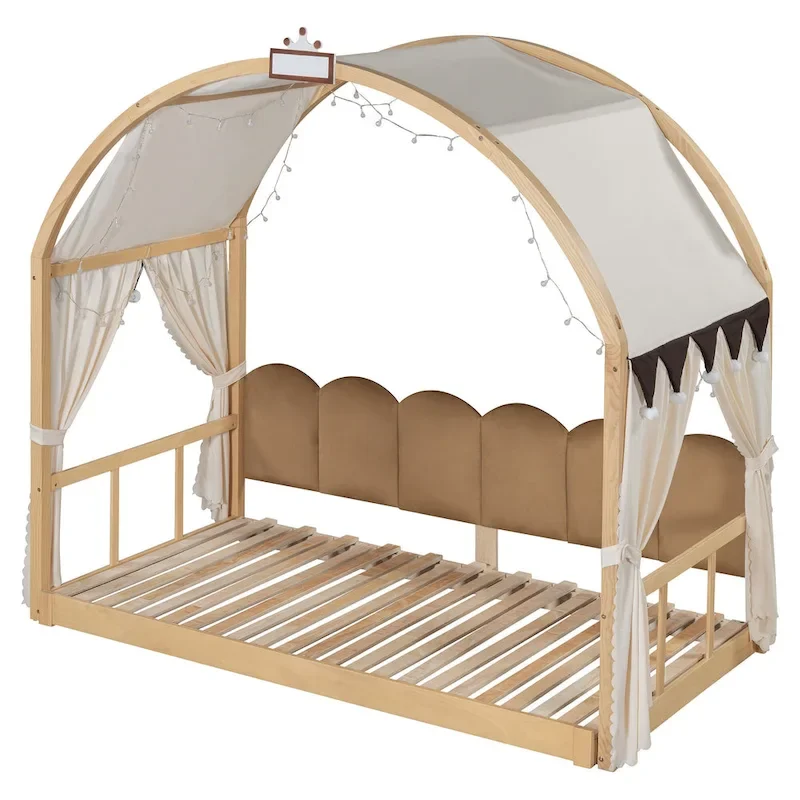 Lit cabane Montessori en bois massif avec plateforme, toit voûté et lit gigogne pour filles et garçons