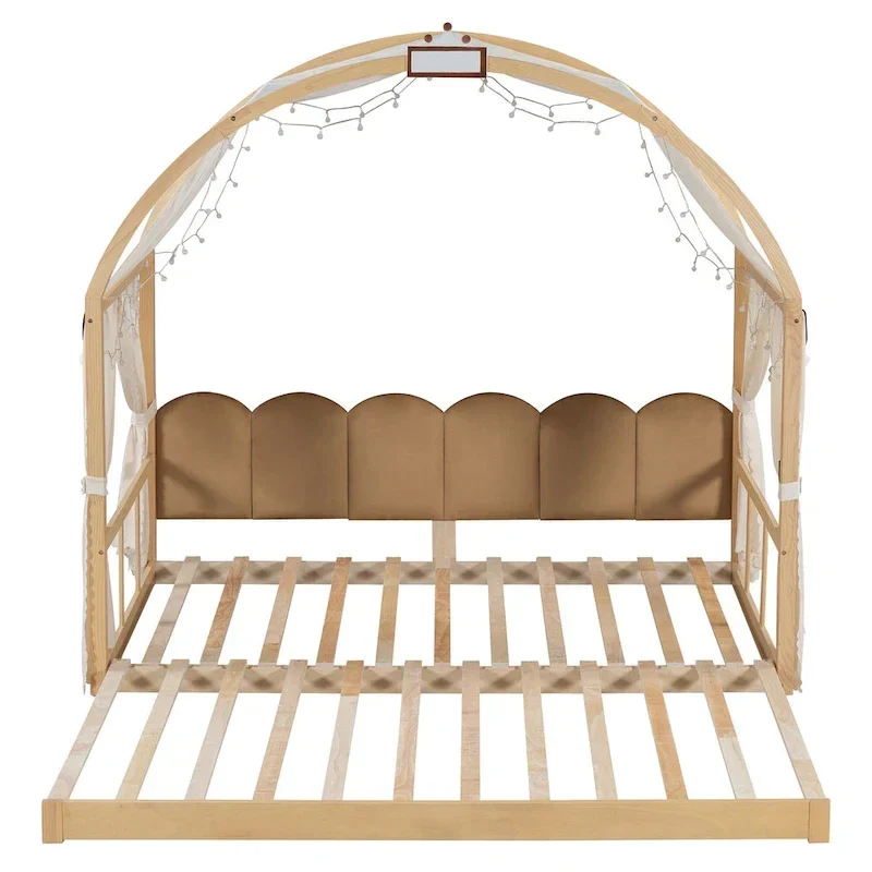 Lit cabane Montessori en bois massif avec plateforme, toit voûté et lit gigogne pour filles et garçons