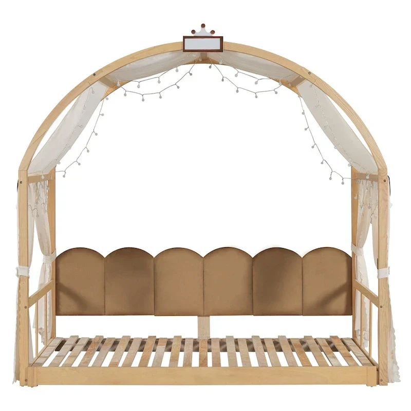 Lit cabane Montessori en bois massif avec plateforme, toit voûté et lit gigogne pour filles et garçons