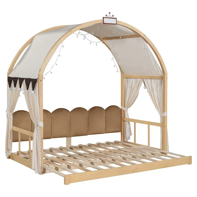 Lit cabane Montessori en bois massif avec plateforme, toit voûté et lit gigogne pour filles et garçons