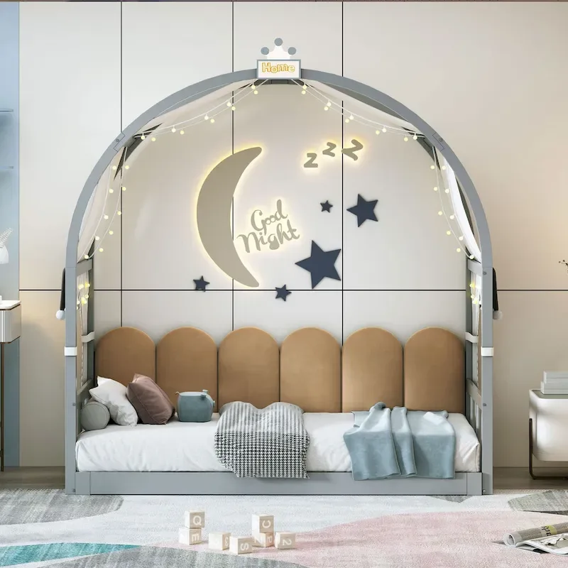 Lit cabane Montessori en bois massif avec plateforme, toit voûté et lit gigogne pour filles et garçons