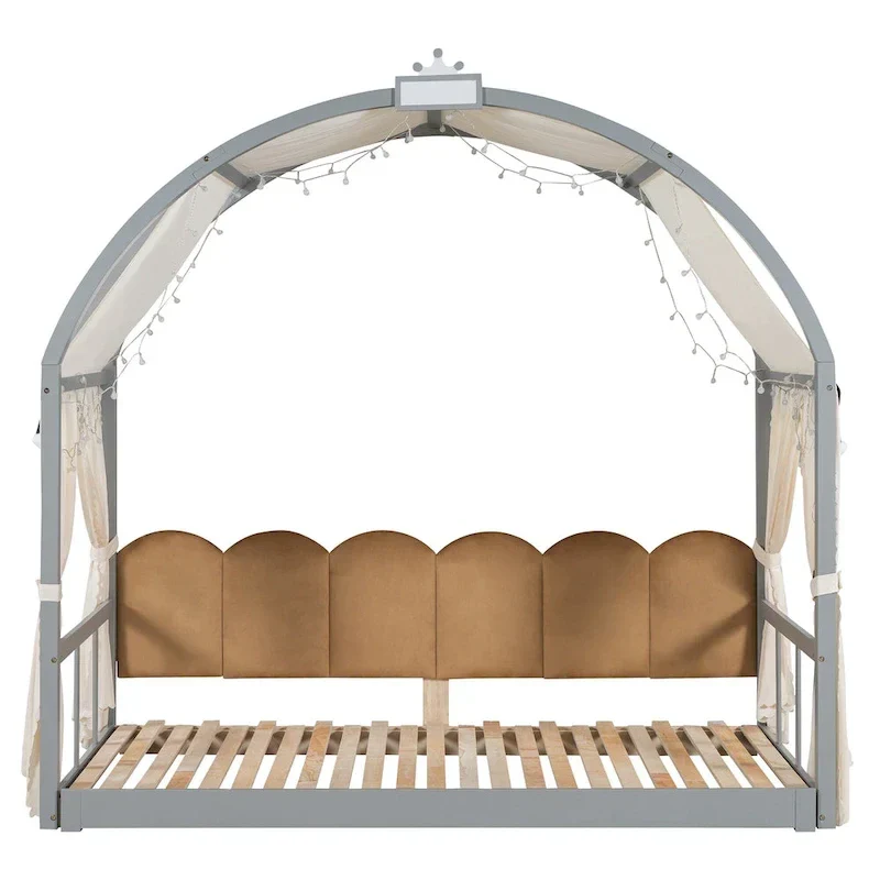 Lit cabane Montessori en bois massif avec plateforme, toit voûté et lit gigogne pour filles et garçons