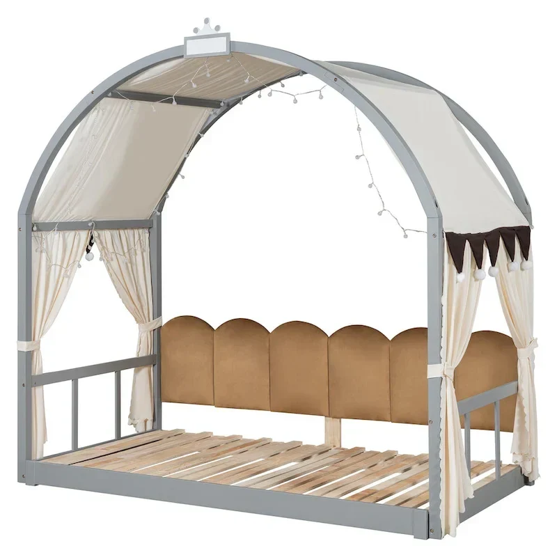 Lit cabane Montessori en bois massif avec plateforme, toit voûté et lit gigogne pour filles et garçons