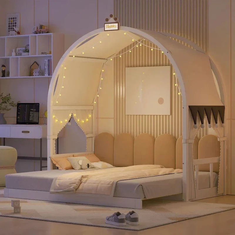 Lit cabane Montessori en bois massif avec plateforme, toit voûté et lit gigogne pour filles et garçons