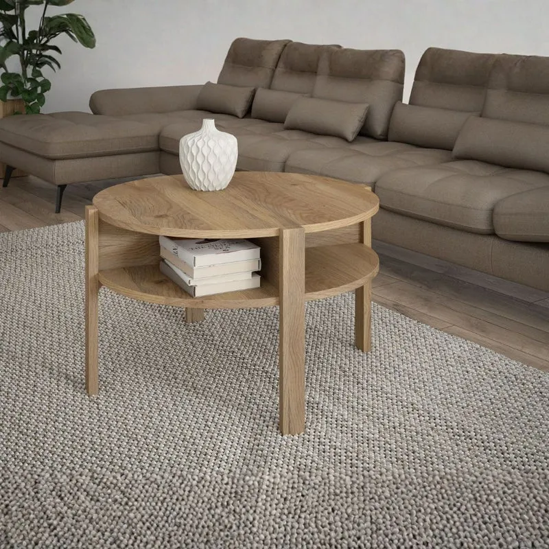 Tavolino da salotto rotondo 74 cm con ripiano inferiore colore rovere medio Aura