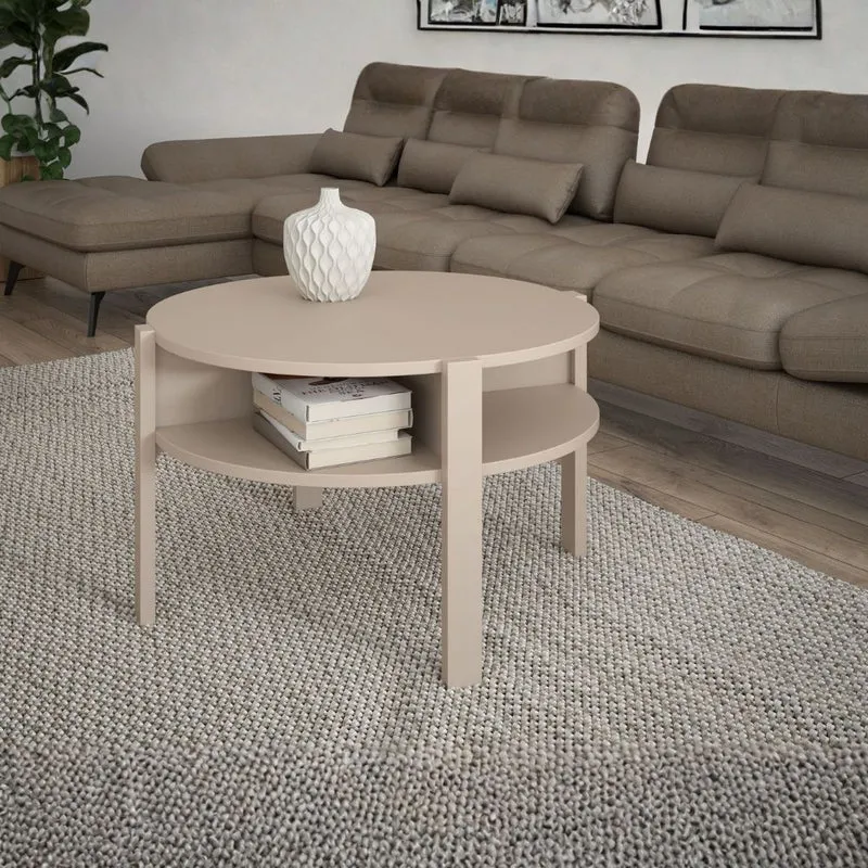 Tavolino da salotto rotondo 74 cm con ripiano inferiore colore cashmere Aura