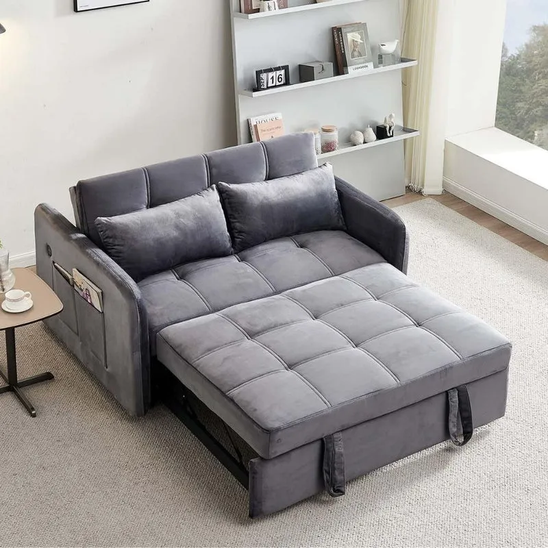 Divano letto in velluto grigio con porta USB e tasca laterale 140,5x94,5x82H Clorene