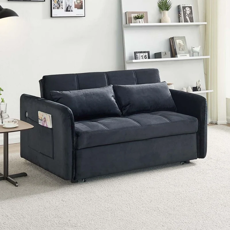 Divano letto in velluto nero con porta USB e tasca laterale 140,5x94,5x82H Clorene