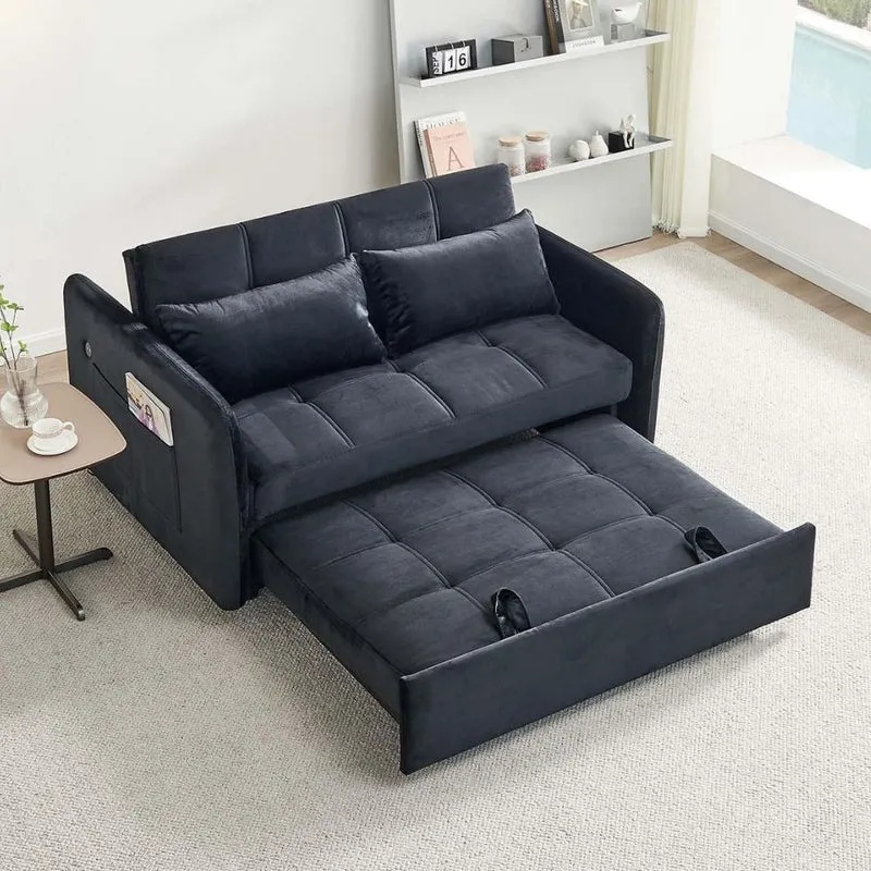 Divano letto in velluto nero con porta USB e tasca laterale 140,5x94,5x82H Clorene