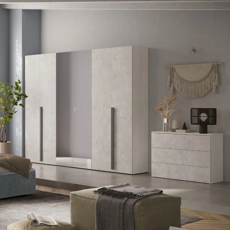 Camera da letto con armadio bianco spatolato neve e letto contenitore Ascoli grigio Aria