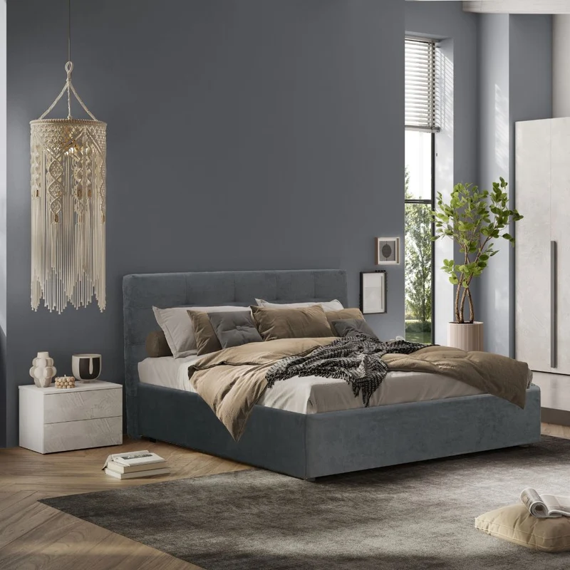 Camera da letto con armadio bianco spatolato neve e letto contenitore Ascoli grigio Aria