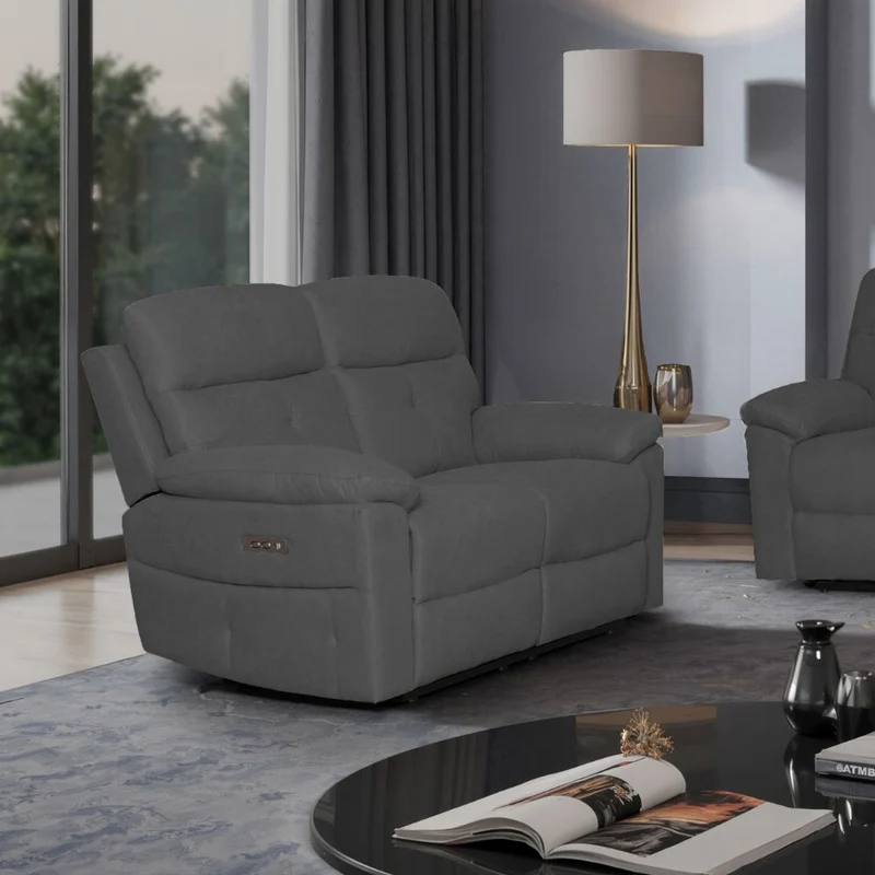Divano Kayde 2 posti recliner elettrico in tessuto grigio scuro Kayde