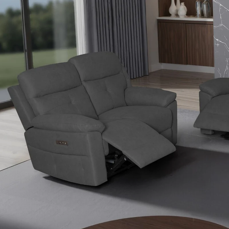 Divano Kayde 2 posti recliner elettrico in tessuto grigio scuro Kayde