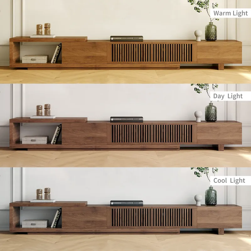 Meuble TV rétractable et extensible moderne avec 4 tiroirs, jusqu'à 261,62 cm - 78,54P x 15,74L x 13,78H