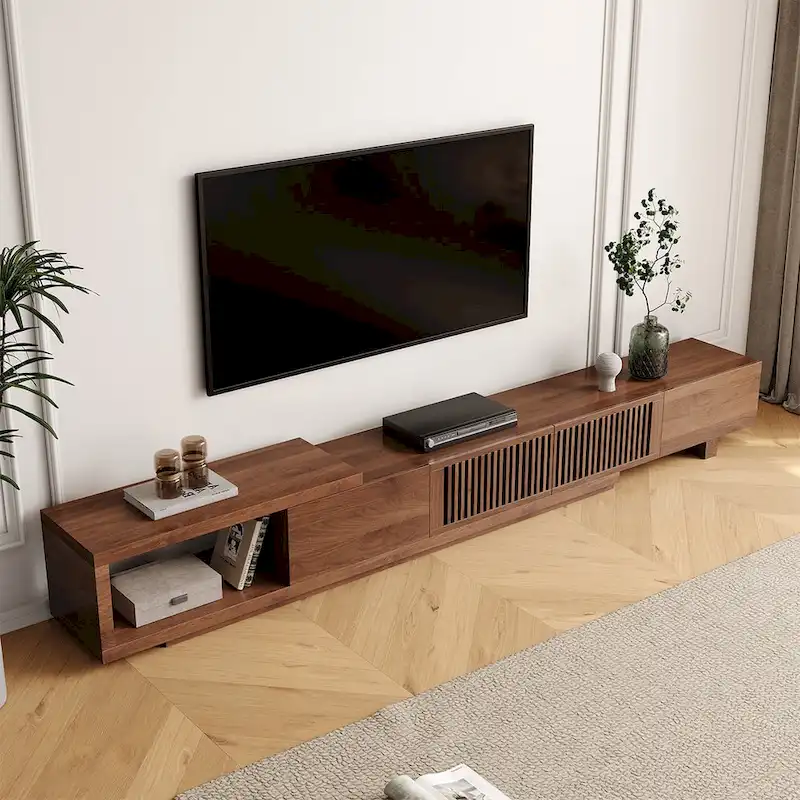 Meuble TV rétractable et extensible moderne avec 4 tiroirs, jusqu'à 261,62 cm - 78,54P x 15,74L x 13,78H