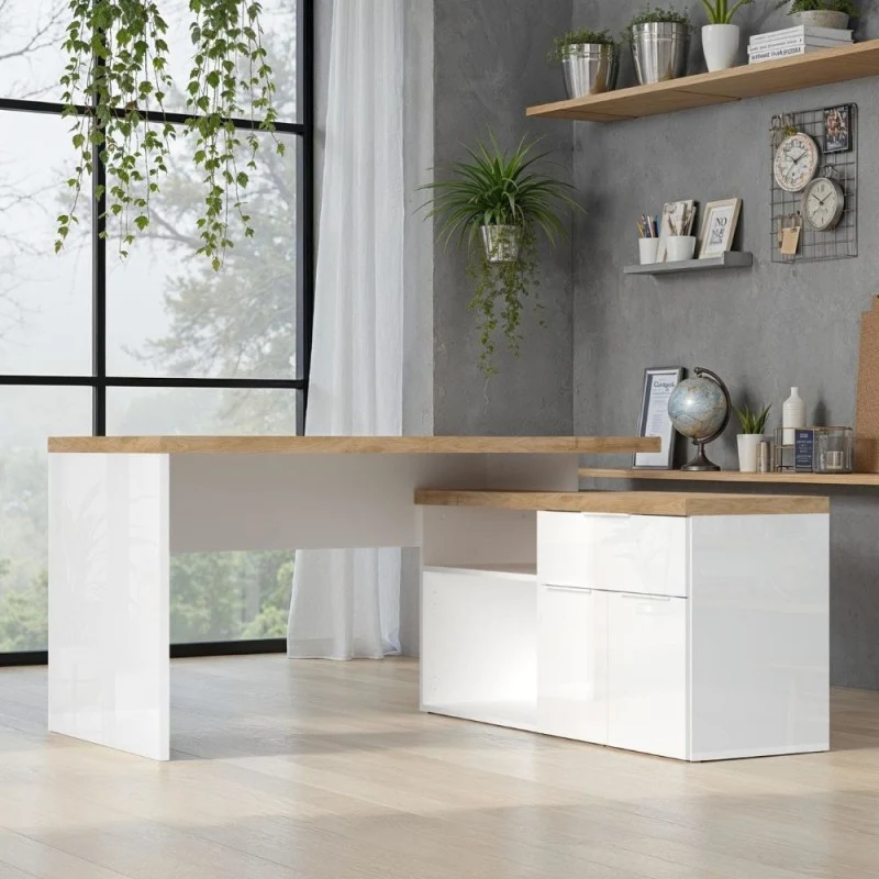 Scrivania angolare reversibile bianco lucido e rovere Cadiz 140x120x75H Zenzero