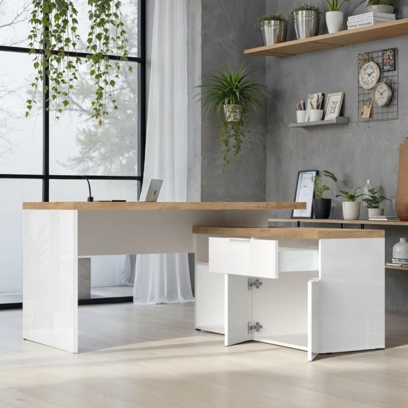 Scrivania angolare reversibile bianco lucido e rovere Cadiz 140x120x75H Zenzero