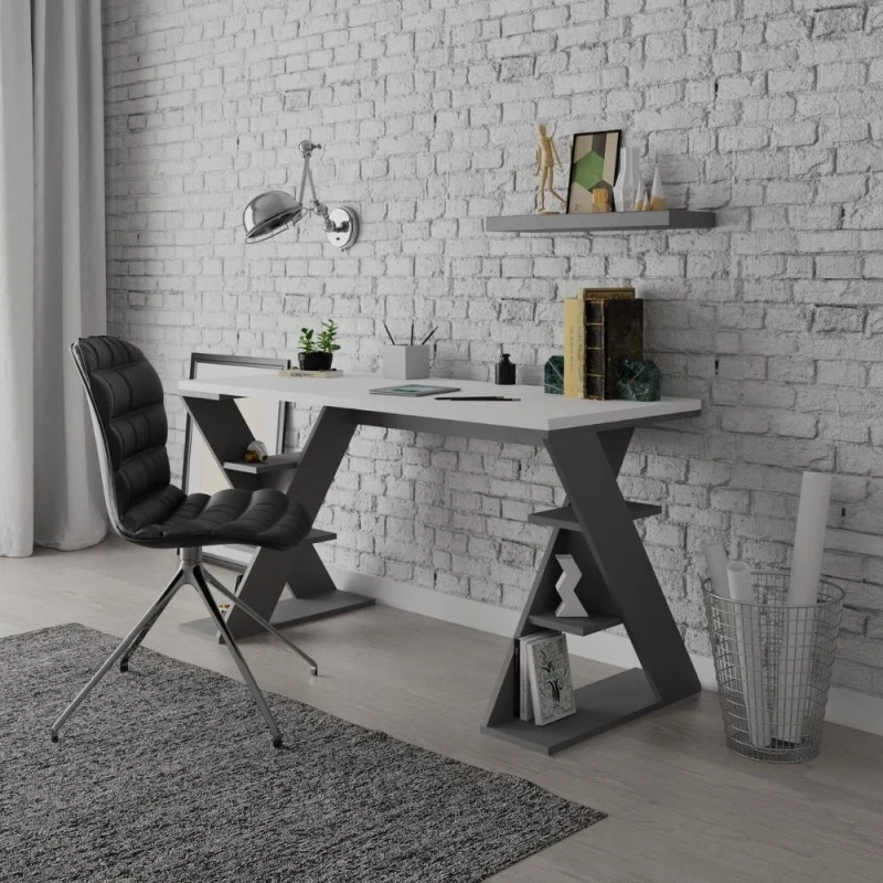 Scrivania con gambe a X e ripiani integrati 137x60x75 colore bianco e antracite Papillon