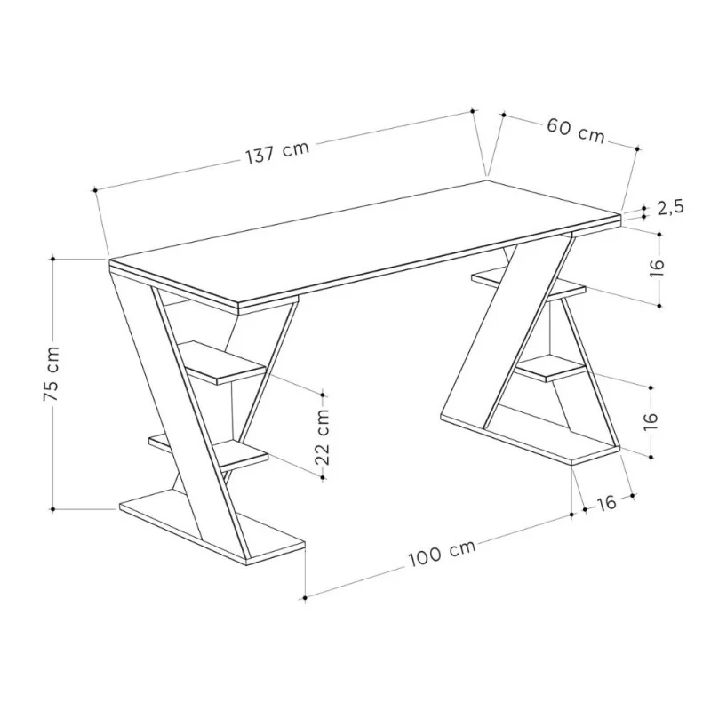 Scrivania con gambe a X e ripiani integrati 137x60x75 colore bianco e antracite Papillon
