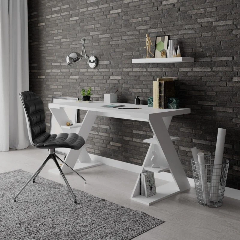 Scrivania con gambe a X e ripiani integrati 137x60x75 colore bianco Papillon