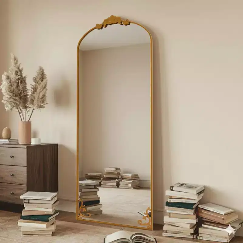 Miroir arqué pleine longueur 65x22, en métal, style baroque vintage, or antique