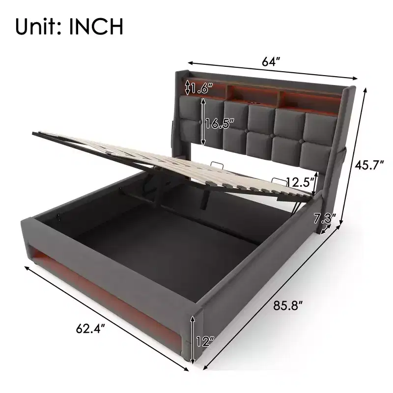 Lit Queen avec rangement hydraulique, LED, USB, tête de lit rembourrée, sans sommier, assemblage facile