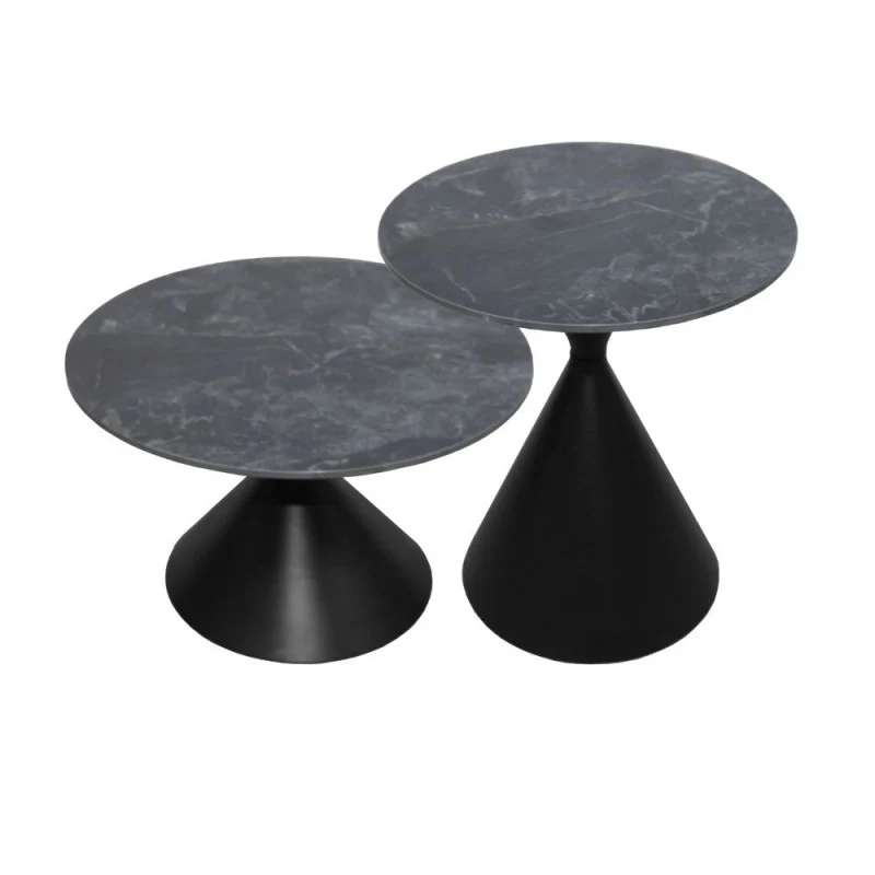 Set 2 tavolini da salotto rotondi con piano effetto marmo nero e gambe in metallo nero Punto