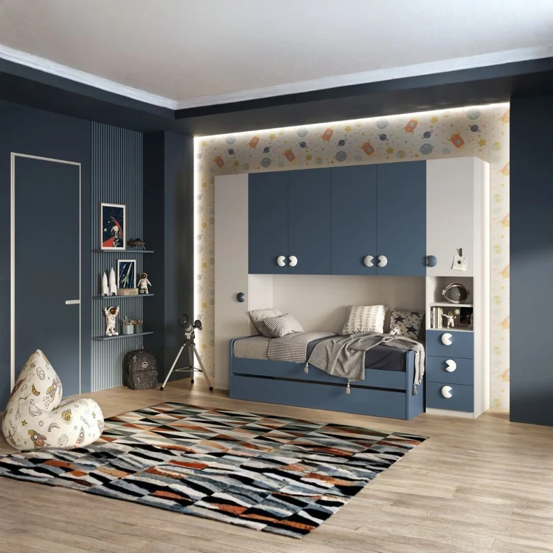 Cameretta a ponte con 2 letti colore bianco opaco e blu 293x5x240.5H Gilbert