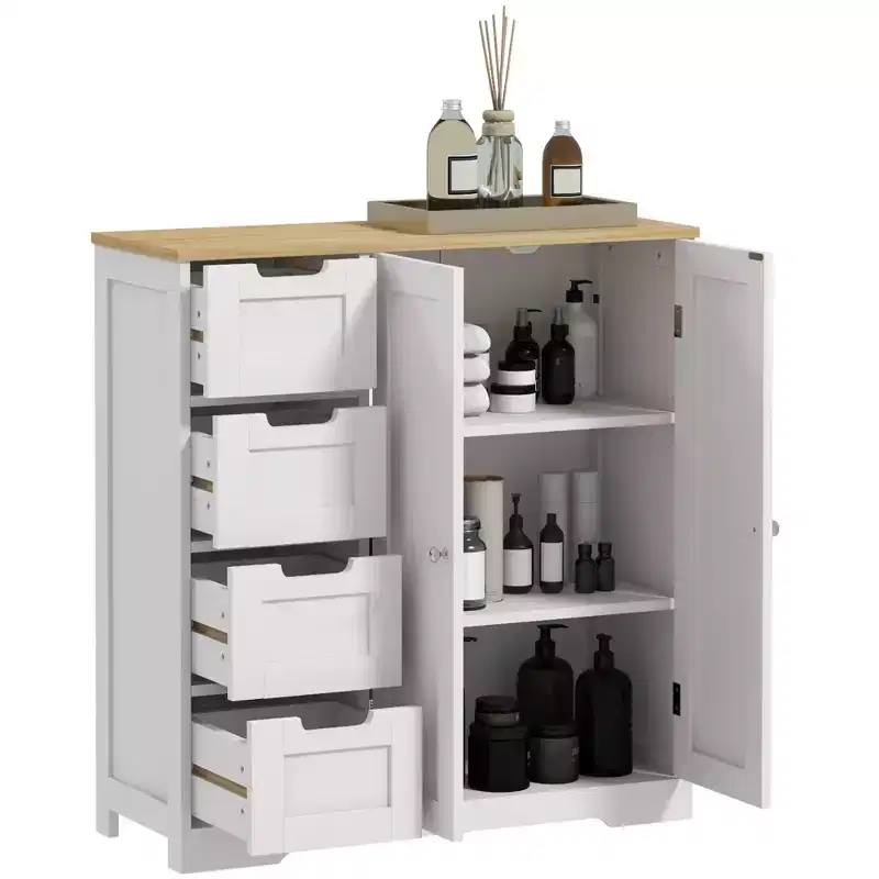 Meuble bas de salle de bain HOMCOM avec étagère réglable, meuble de rangement de salle de bain autoportant avec 4 tiroirs et 2 portes, blanc
