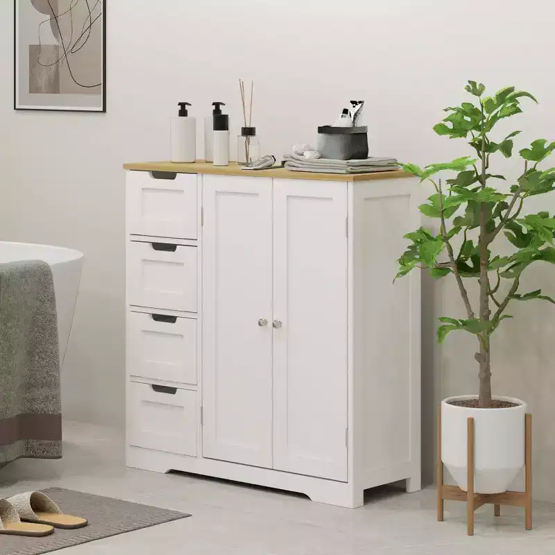Meuble bas de salle de bain HOMCOM avec étagère réglable, meuble de rangement de salle de bain autoportant avec 4 tiroirs et 2 portes, blanc