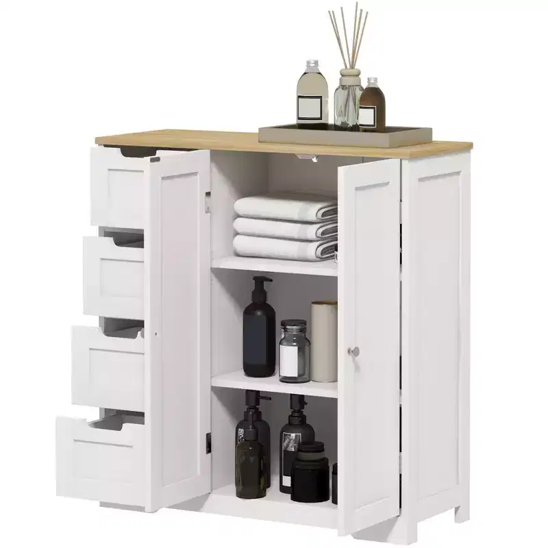 Meuble bas de salle de bain HOMCOM avec étagère réglable, meuble de rangement de salle de bain autoportant avec 4 tiroirs et 2 portes, blanc