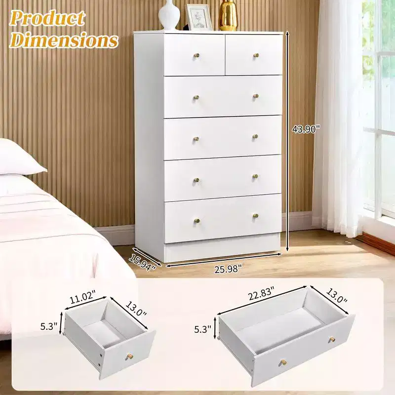 Grande commode à 6 tiroirs Karl Home pour chambre à coucher et commode à tiroirs avec construction robuste en bois, organisateur de rangement pour placard, en blanc