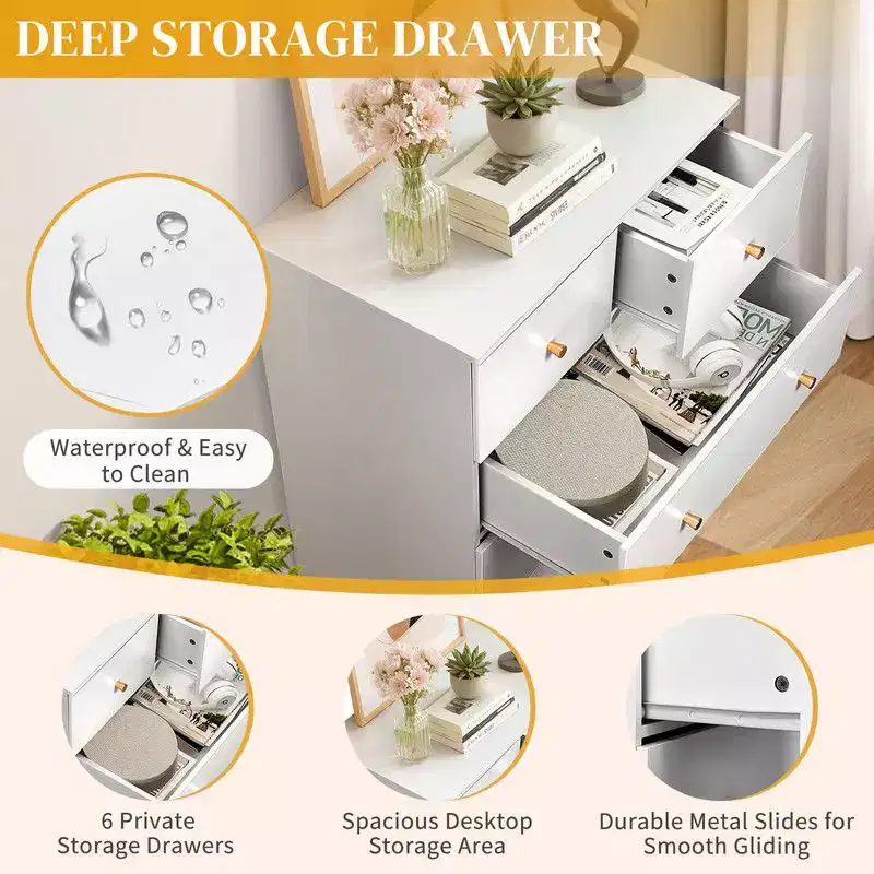 Grande commode à 6 tiroirs Karl Home pour chambre à coucher et commode à tiroirs avec construction robuste en bois, organisateur de rangement pour placard, en blanc