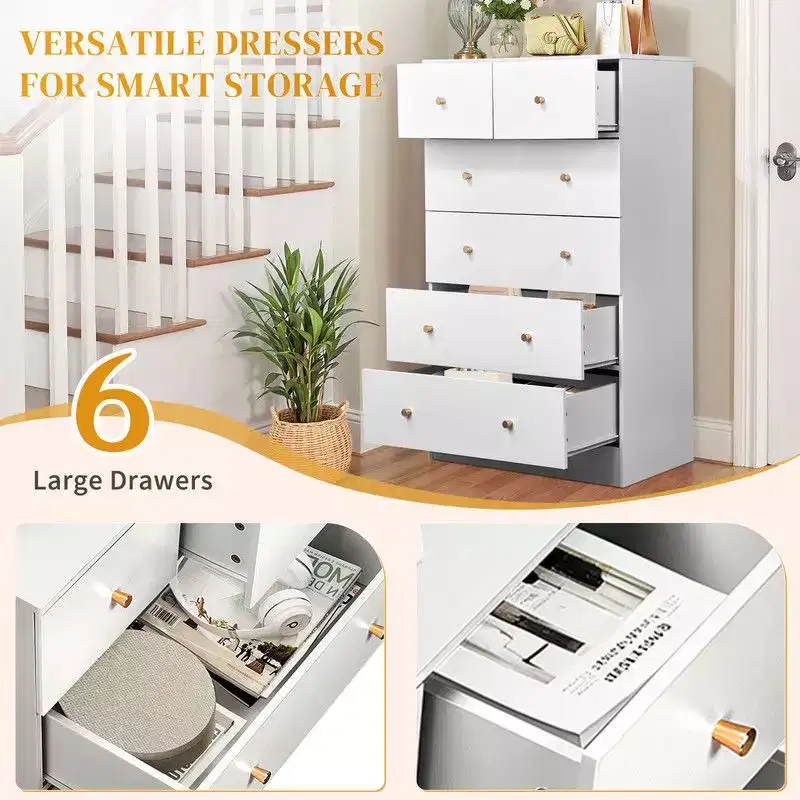 Grande commode à 6 tiroirs Karl Home pour chambre à coucher et commode à tiroirs avec construction robuste en bois, organisateur de rangement pour placard, en blanc