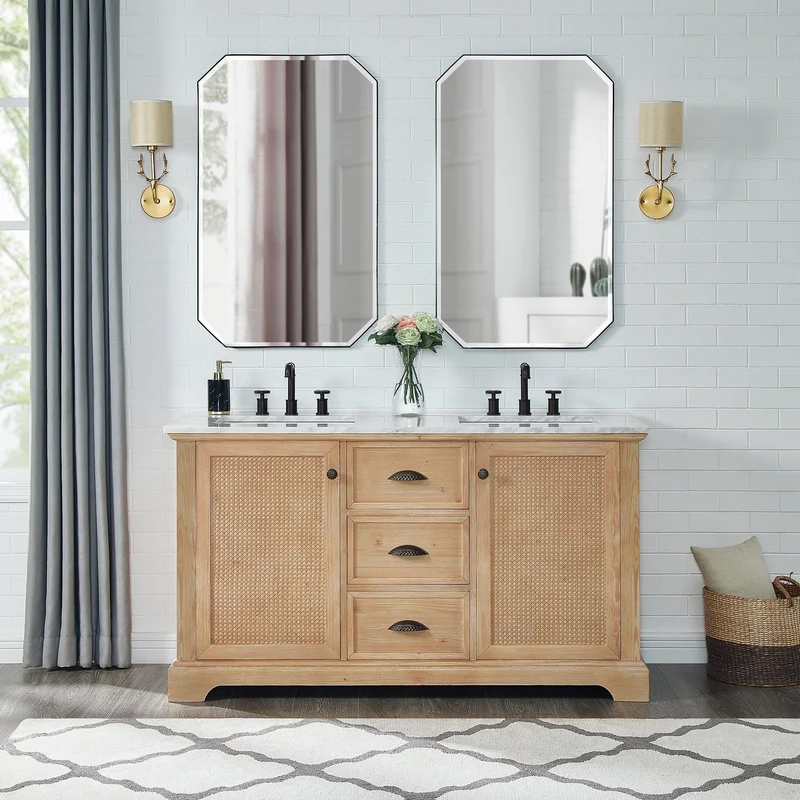 Meuble sous-vasque Hervas avec plateau en marbre naturel, sans miroir