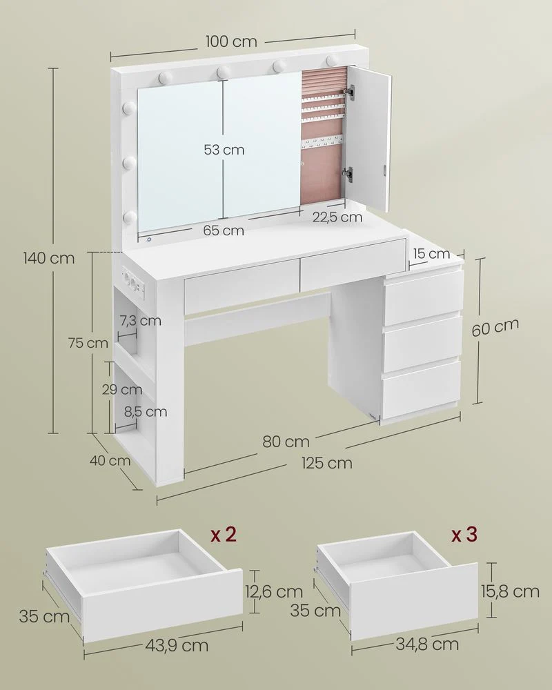 Coiffeuse avec miroir LED et 5 tiroirs design moderne 40 x 125 x 140 cm ambiance cosy en panneaux d’aggloméré blanc 12_0013179