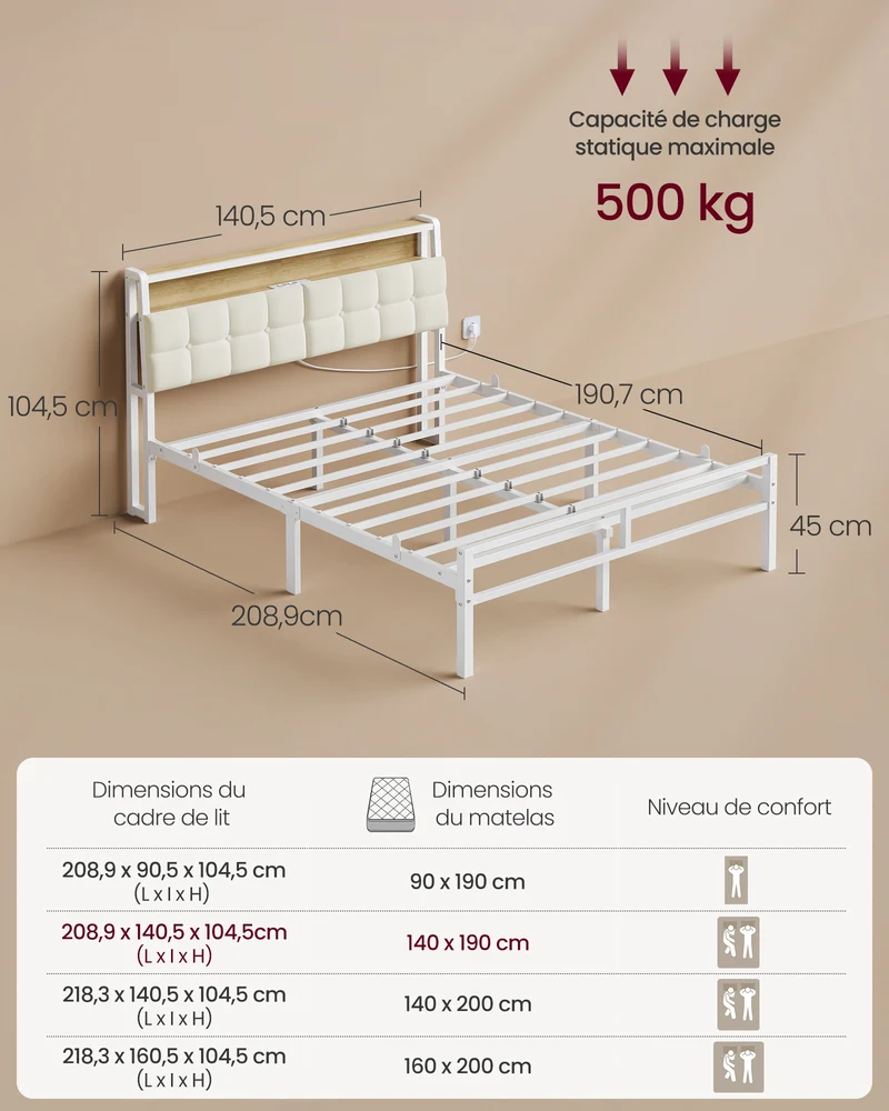 Lit 90 x 190 cm avec tête de lit éclairage LED et étagère style contemporain chambre en métal noir 12_0013060